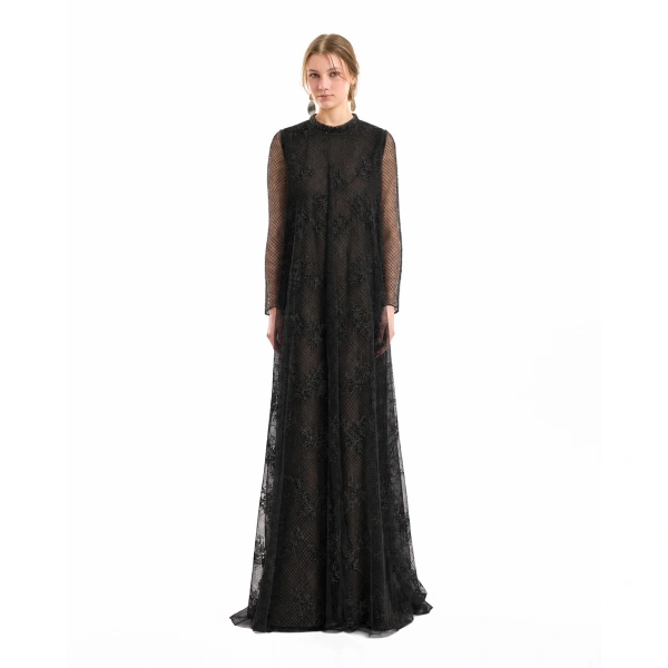 Gemy Maalouf Embroidered Net Lace Dress in Black | Evening Gowns | Coveti, view 2