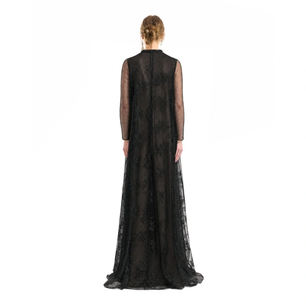 Gemy Maalouf Embroidered Net Lace Dress in Black | Evening Gowns | Coveti, view 3