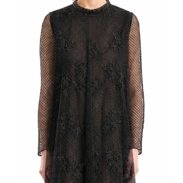 Gemy Maalouf Embroidered Net Lace Dress in Black | Evening Gowns | Coveti, view 4