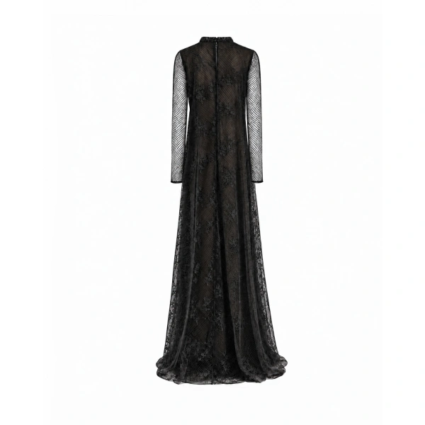 Gemy Maalouf Embroidered Net Lace Dress in Black | Evening Gowns | Coveti, view 5