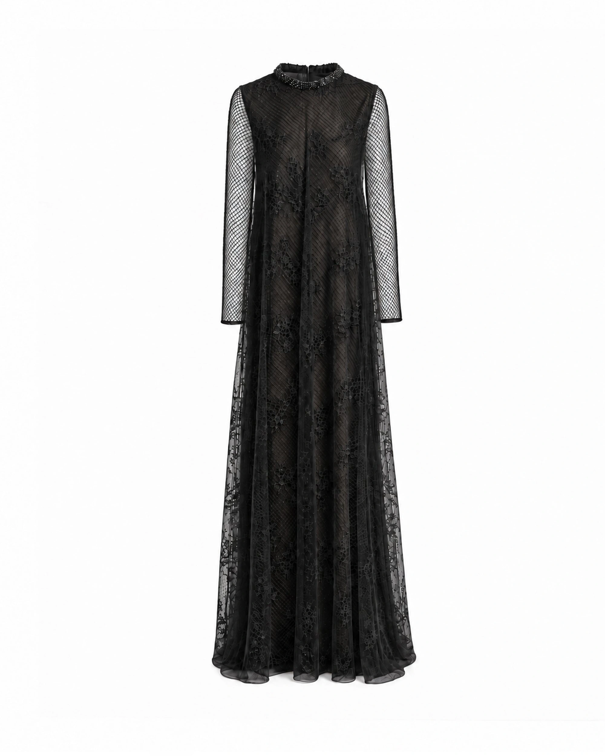 Gemy Maalouf Embroidered Net Lace Dress in Black Gemy Maalouf Embroidered Net Lace Dress in Black | Evening Gowns | Coveti