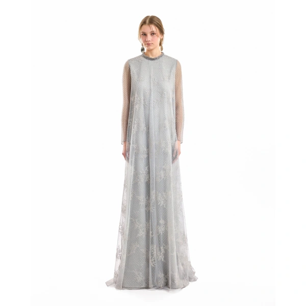 Gemy Maalouf Embroidered Net Lace Dress in Grey | Evening Gowns | Coveti, view 2