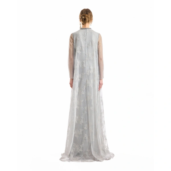 Gemy Maalouf Embroidered Net Lace Dress in Grey | Evening Gowns | Coveti, view 3