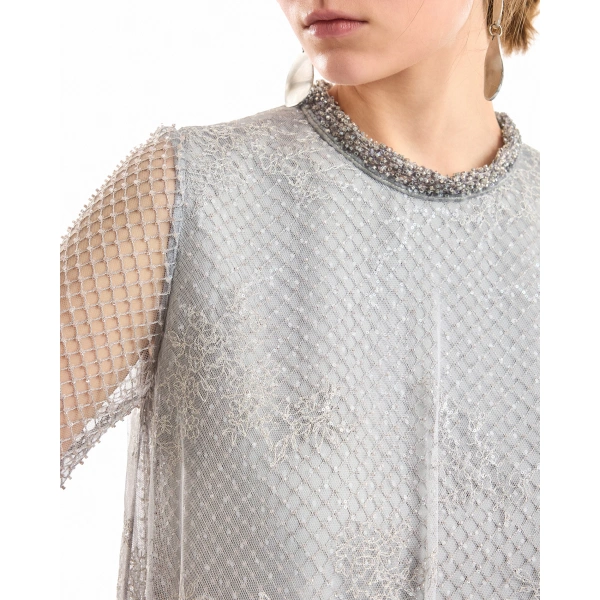 Gemy Maalouf Embroidered Net Lace Dress in Grey | Evening Gowns | Coveti, view 4