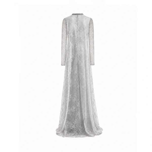 Gemy Maalouf Embroidered Net Lace Dress in Grey | Evening Gowns | Coveti, view 5