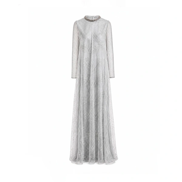 Gemy Maalouf Embroidered Net Lace Dress in Grey | Evening Gowns | Coveti