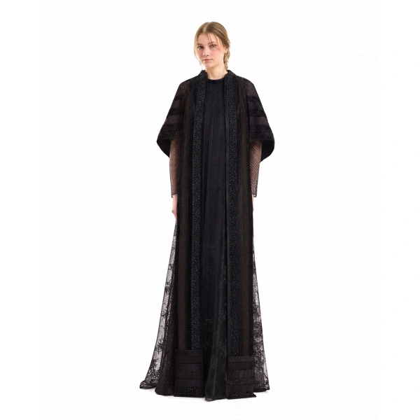 Gemy Maalouf Embroidered Net Lace Dress with Beaded Cape in Black | Evening Gowns | Coveti, view 2