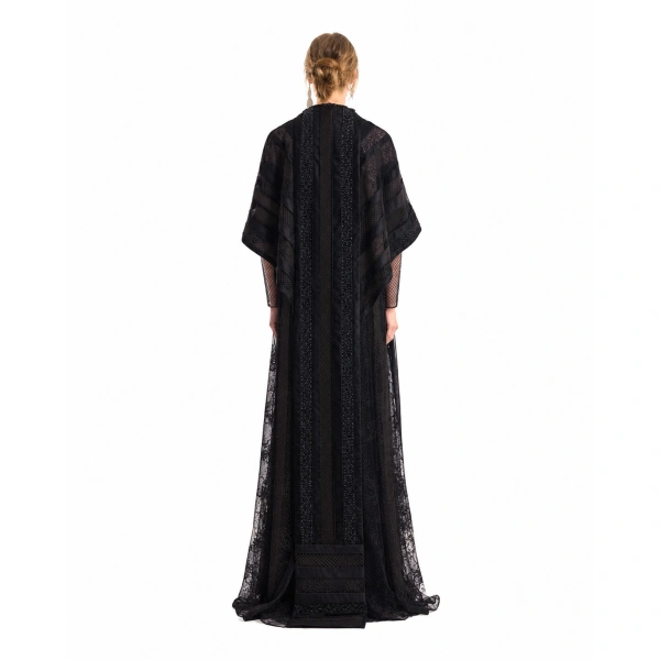 Gemy Maalouf Embroidered Net Lace Dress with Beaded Cape in Black | Evening Gowns | Coveti, view 3