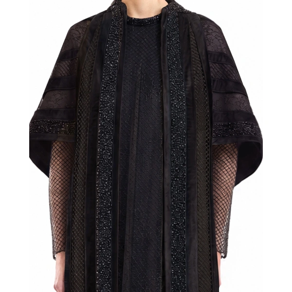 Gemy Maalouf Embroidered Net Lace Dress with Beaded Cape in Black | Evening Gowns | Coveti, view 4