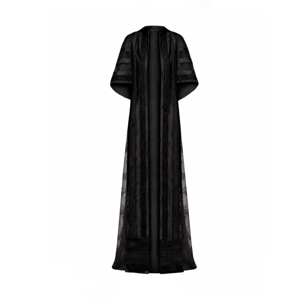 Gemy Maalouf Embroidered Net Lace Dress with Beaded Cape in Black | Evening Gowns | Coveti, view 6