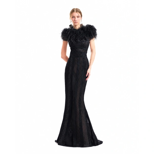 Gemy Maalouf Embroidered Panel Dress with Feathered Bolero in Black | Evening Gowns | Coveti, view 2