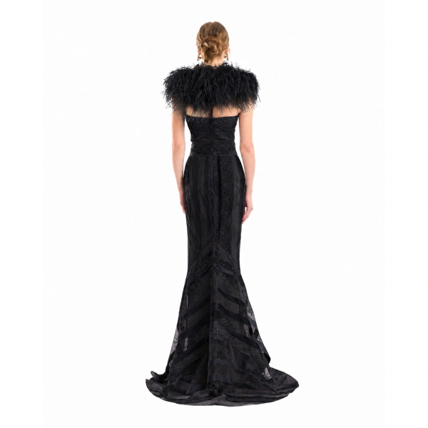 Gemy Maalouf Embroidered Panel Dress with Feathered Bolero in Black | Evening Gowns | Coveti, view 3