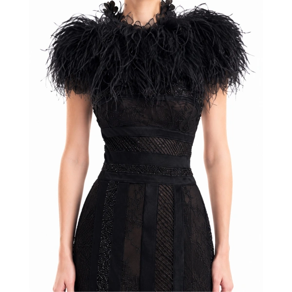 Gemy Maalouf Embroidered Panel Dress with Feathered Bolero in Black | Evening Gowns | Coveti, view 4