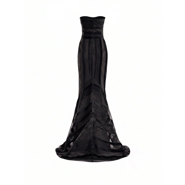 Gemy Maalouf Embroidered Panel Dress with Feathered Bolero in Black | Evening Gowns | Coveti, view 5