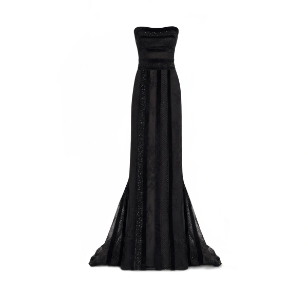 Embroidered Panel Dress with Feathered Bolero