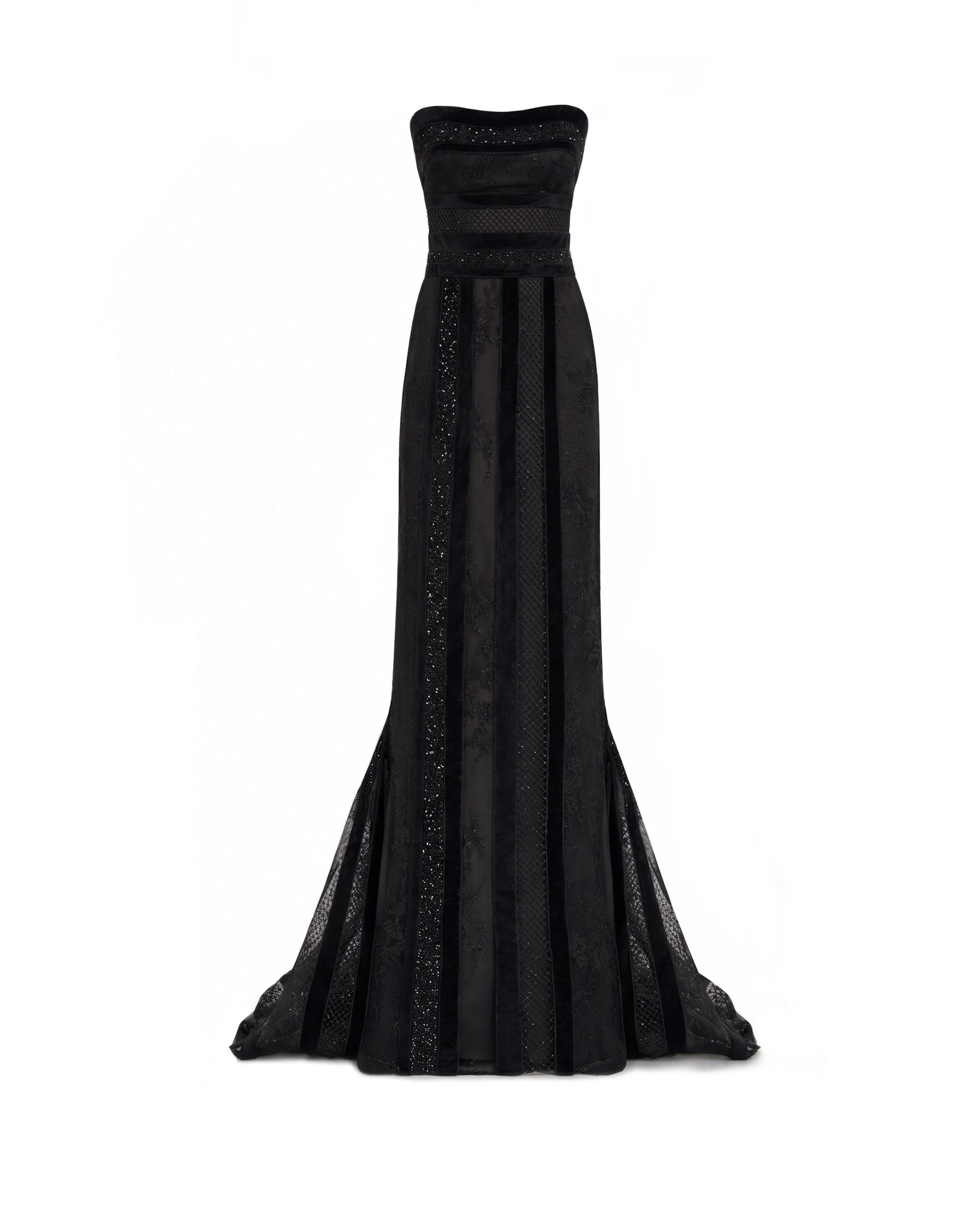 Gemy Maalouf Embroidered Panel Dress with Feathered Bolero in Black Gemy Maalouf Embroidered Panel Dress with Feathered Bolero in Black | Evening Gowns | Coveti