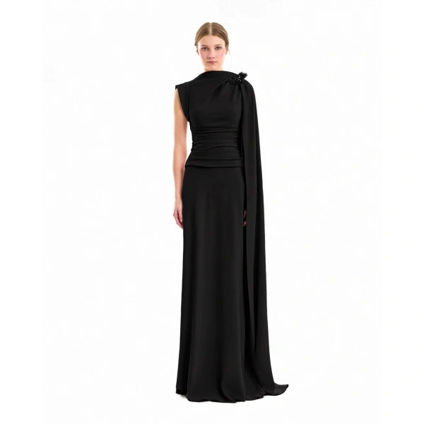 Gemy Maalouf Feathered Shoulder Dress in Black | Evening Gowns | Coveti, view 2