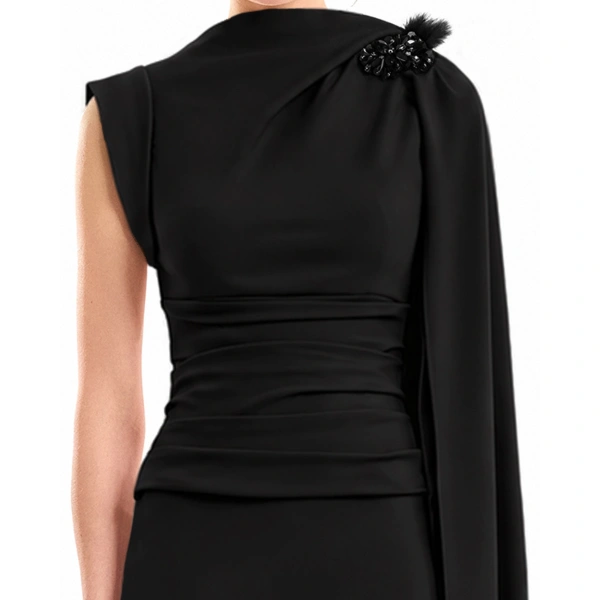 Gemy Maalouf Feathered Shoulder Dress in Black | Evening Gowns | Coveti, view 4