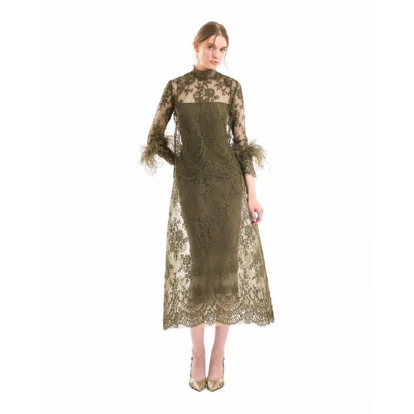 Gemy Maalouf Lace Cage Midi Skirt in Khaki | Midi Skirts | Coveti, view 2