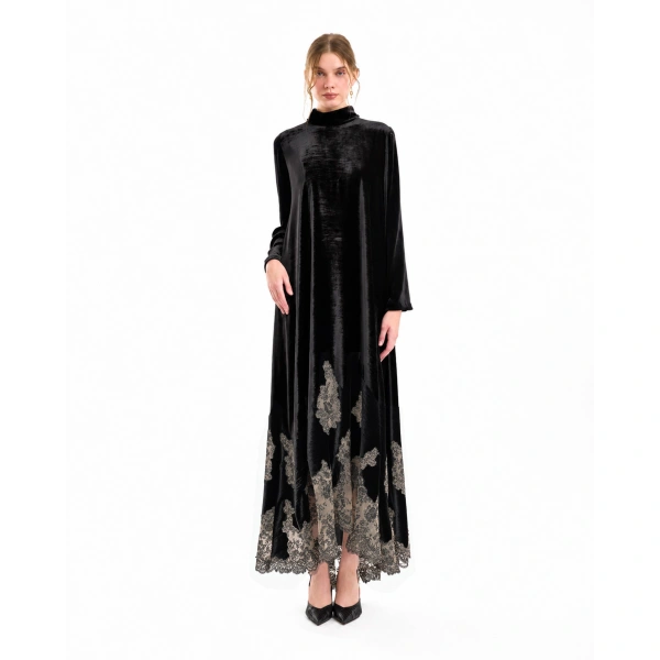 Gemy Maalouf Loose-Cut Lace-Hem Dress in Black | Evening Gowns | Coveti, view 2