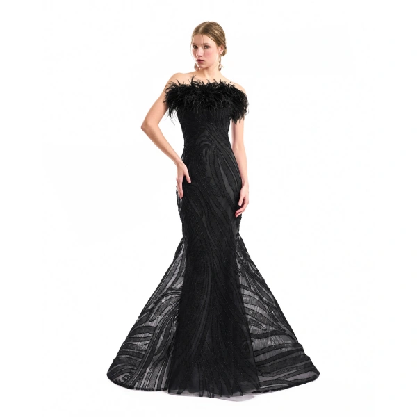 Gemy Maalouf Off-Shoulder Feathered Mermaid Dress in Black | Evening Gowns | Coveti, view 2
