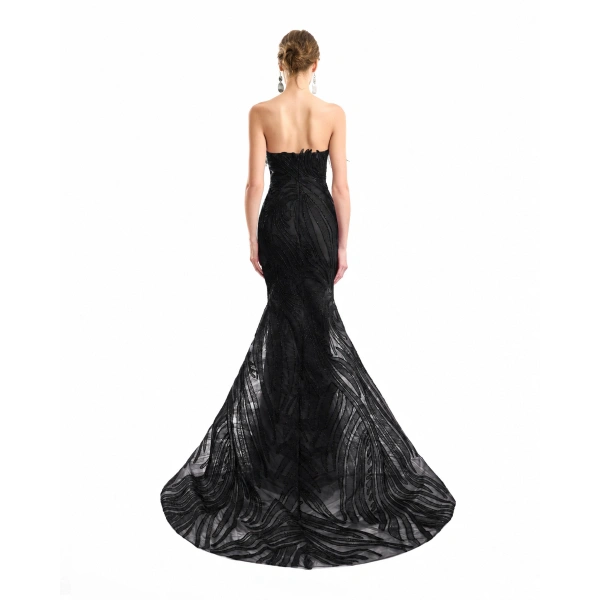 Gemy Maalouf Off-Shoulder Feathered Mermaid Dress in Black | Evening Gowns | Coveti, view 3