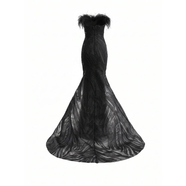 Gemy Maalouf Off-Shoulder Feathered Mermaid Dress in Black | Evening Gowns | Coveti, view 5