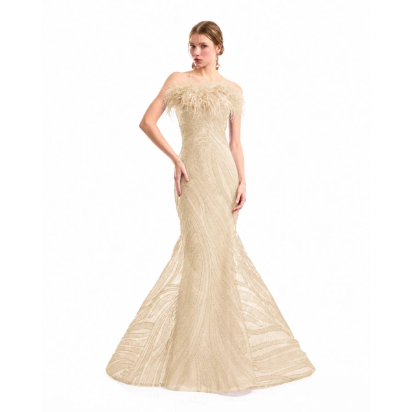Gemy Maalouf Off-Shoulder Feathered Mermaid Dress in Champagne | Evening Gowns | Coveti, view 2