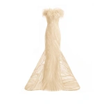Gemy Maalouf Off-Shoulder Feathered Mermaid Dress in Champagne | Evening Gowns | Coveti