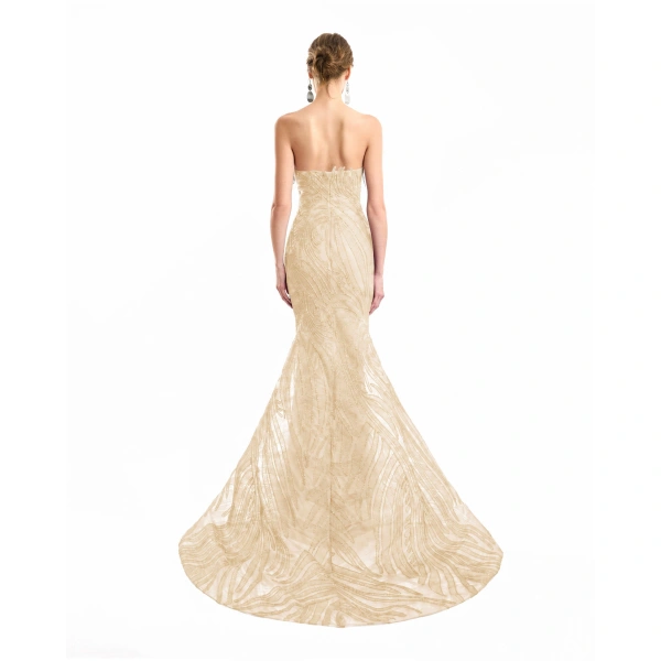 Gemy Maalouf Off-Shoulder Feathered Mermaid Dress in Champagne | Evening Gowns | Coveti, view 3