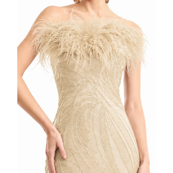 Gemy Maalouf Off-Shoulder Feathered Mermaid Dress in Champagne | Evening Gowns | Coveti, view 4