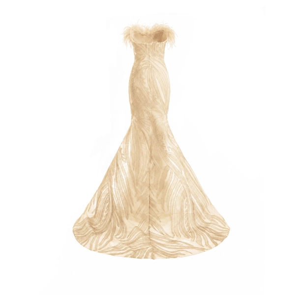Gemy Maalouf Off-Shoulder Feathered Mermaid Dress in Champagne | Evening Gowns | Coveti, view 5