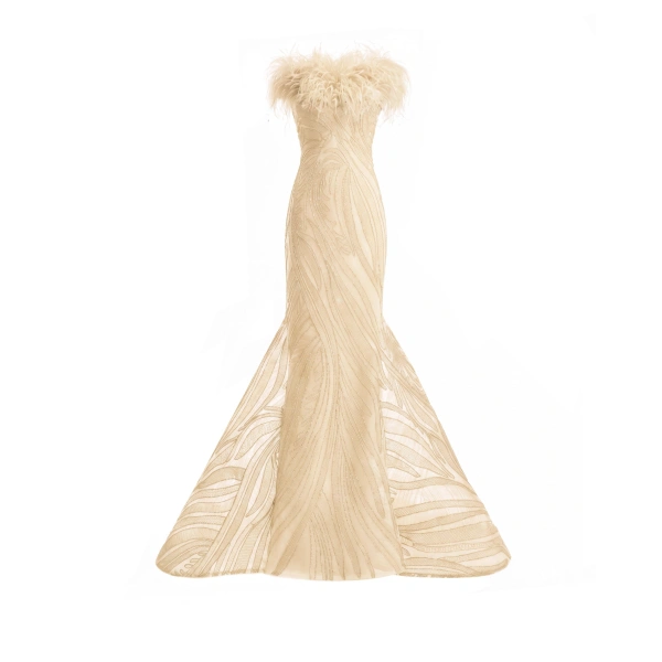Gemy Maalouf Off-Shoulder Feathered Mermaid Dress in Champagne | Evening Gowns | Coveti