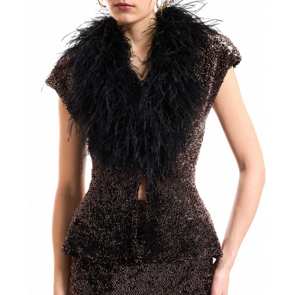 Gemy Maalouf Sequined Feathered V-Neck Top in Brown | Tops | Coveti, view 4