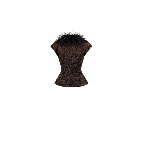 Gemy Maalouf Sequined Feathered V-Neck Top in Brown | Tops | Coveti, view 5