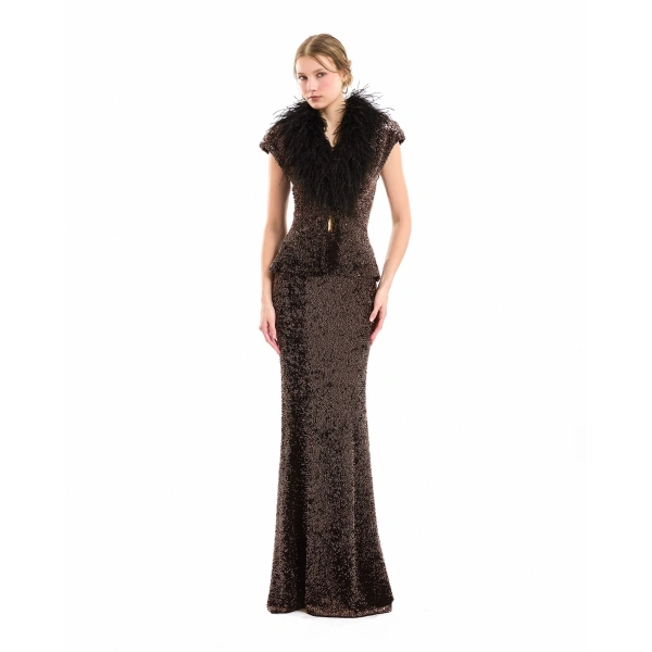 Gemy Maalouf Sequined Slim Long Skirt in Brown | Maxi Skirts | Coveti, view 2