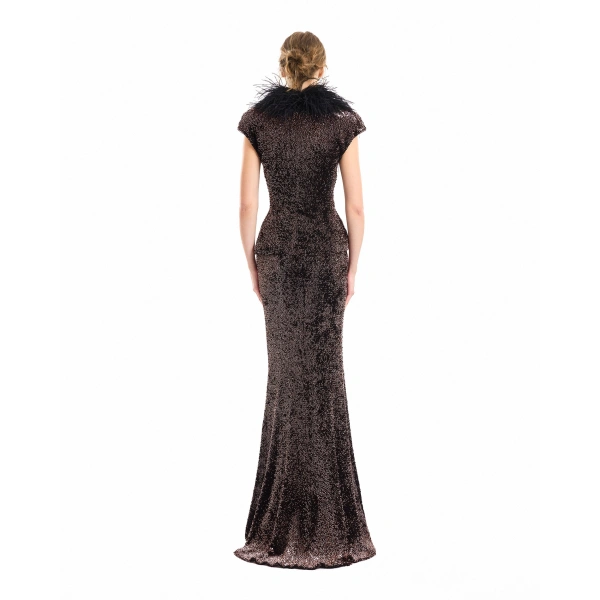 Gemy Maalouf Sequined Slim Long Skirt in Brown | Maxi Skirts | Coveti, view 3