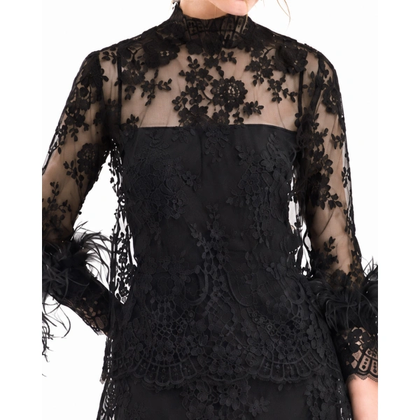 Gemy Maalouf Sheer Lace Feather-Trim Top in Black | Tops | Coveti, view 4