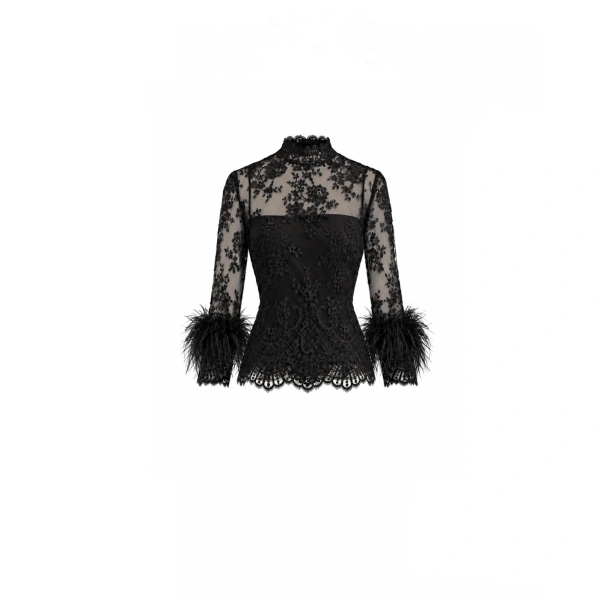 Sheer Lace Feather-Trim Top