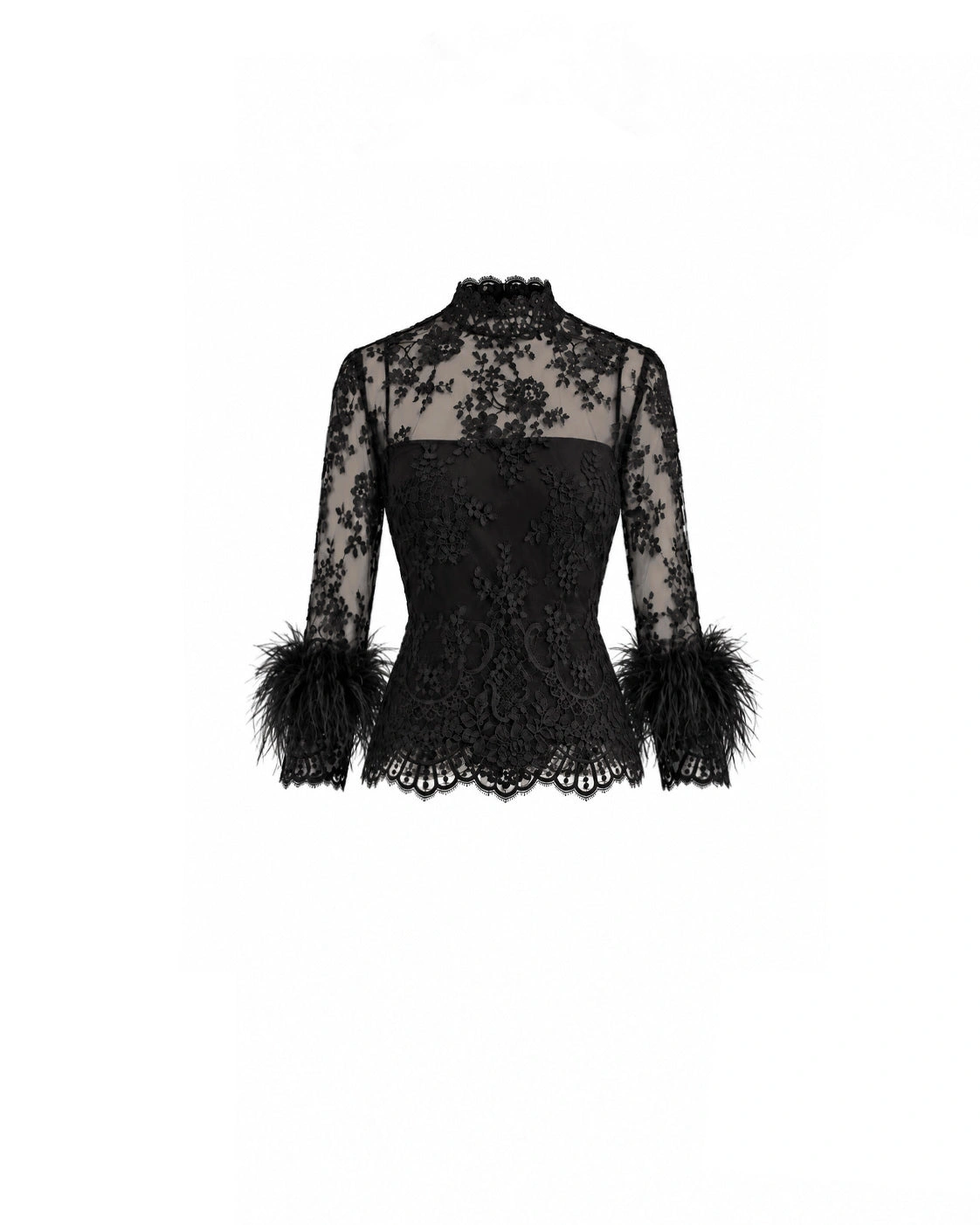 Gemy Maalouf Sheer Lace Feather-Trim Top in Black Gemy Maalouf Sheer Lace Feather-Trim Top in Black | Tops | Coveti