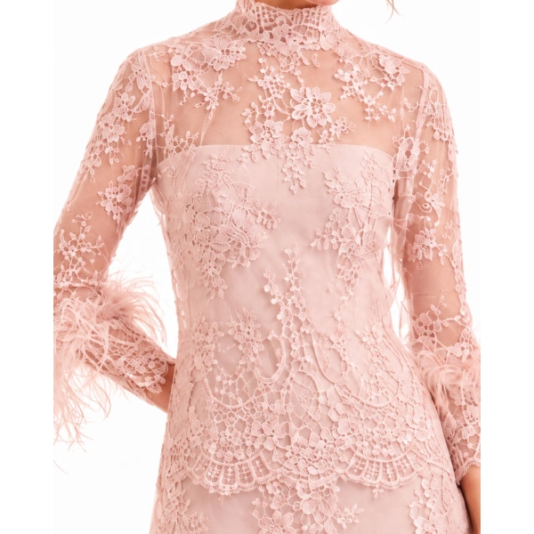 Gemy Maalouf Sheer Lace Feather-Trim Top in Blush | Tops | Coveti, view 4