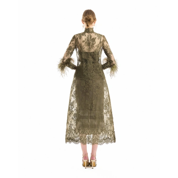 Gemy Maalouf Sheer Lace Feather-Trim Top in Khaki | Tops | Coveti, view 3