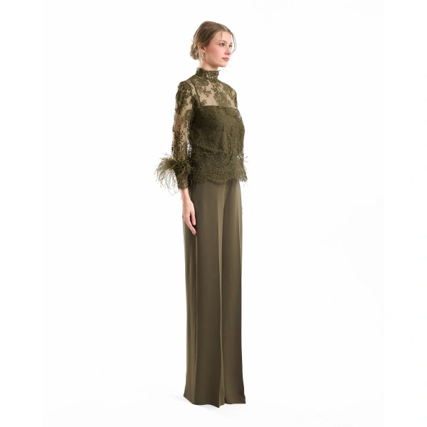 Gemy Maalouf Sheer Lace Feather-Trim Top in Khaki | Tops | Coveti, view 4