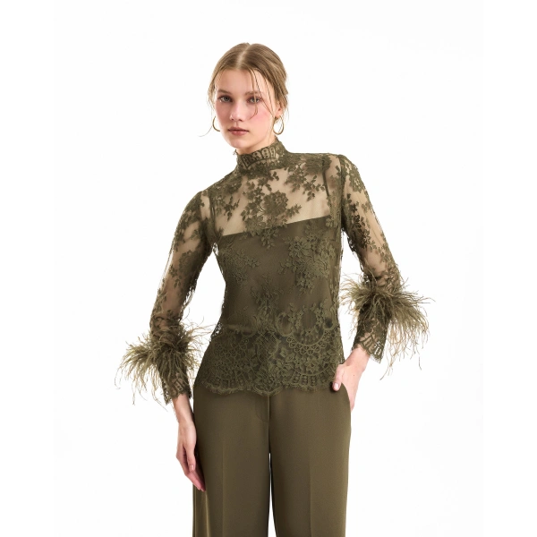 Gemy Maalouf Sheer Lace Feather-Trim Top in Khaki | Tops | Coveti, view 5