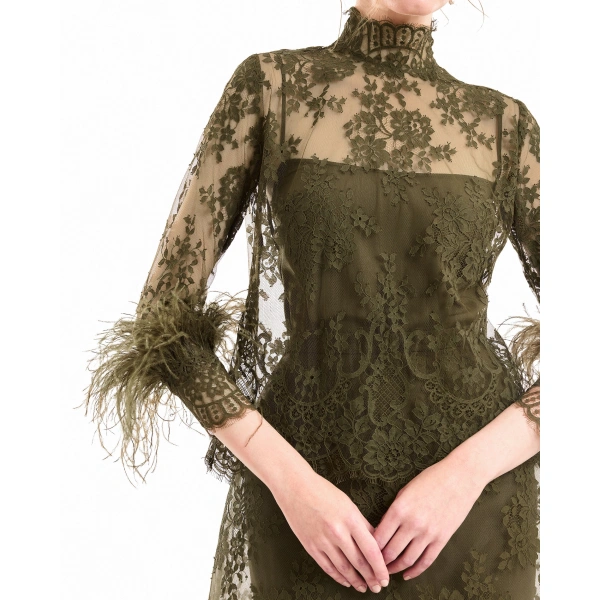 Gemy Maalouf Sheer Lace Feather-Trim Top in Khaki | Tops | Coveti, view 6