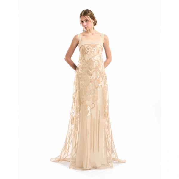 Gemy Maalouf Sheer Overlay Dress in Champagne | Evening Gowns | Coveti, view 2