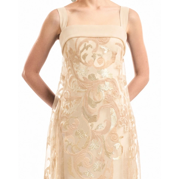 Gemy Maalouf Sheer Overlay Dress in Champagne | Evening Gowns | Coveti, view 4