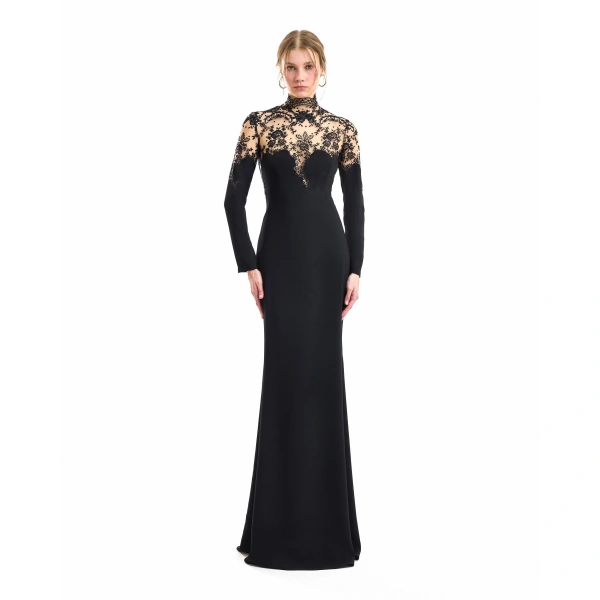Gemy Maalouf Slim-Cut Lace Sweetheart Dress in Black | Evening Gowns | Coveti, view 2