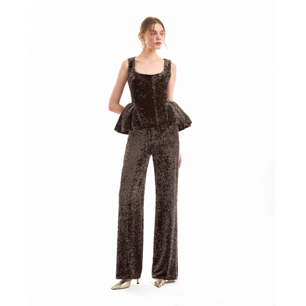 Gemy Maalouf Square-Neck Peplum Top in Brown | Tops | Coveti, view 2