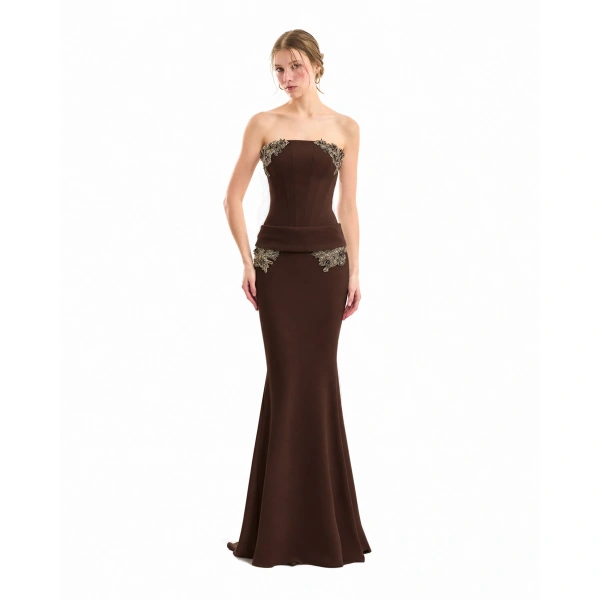 Gemy Maalouf Strapless Beaded Dress in Brown | Evening Gowns | Coveti, view 2